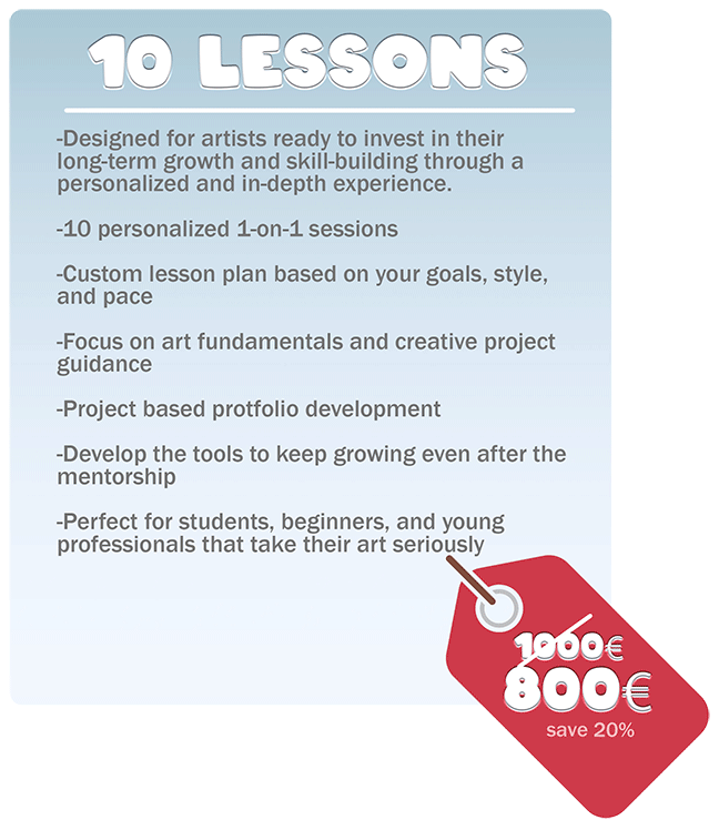 A vertical panel with a light blue gradient background titled “10 LESSONS” in bold white bubble letters at the top. Under a white divider line are seven gray bullet points: “Designed for artists ready to invest in their long-term growth and skill-building through a personalized and in-depth experience; 10 personalized 1-on-1 sessions; Custom lesson plan based on your goals, style, and pace; Focus on art fundamentals and creative project guidance; Project-based portfolio development; Develop the tools to keep growing even after the mentorship; Perfect for students, beginners, and young professionals that take their art seriously.” In the bottom right corner is a red price-tag graphic showing the original price “1000 €” crossed out in white, with “800 €” below in bold white and “save 20%” in small white text.